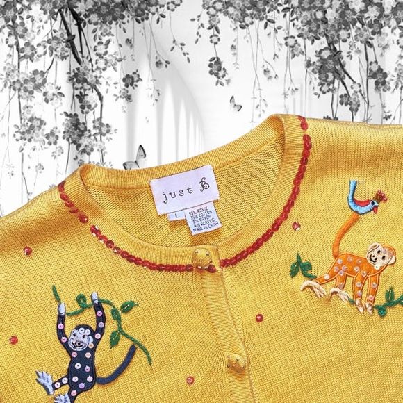 Just B Yellow Sweater Women Large Monkey Business Sequin Beaded Top - Picture 4 of 4